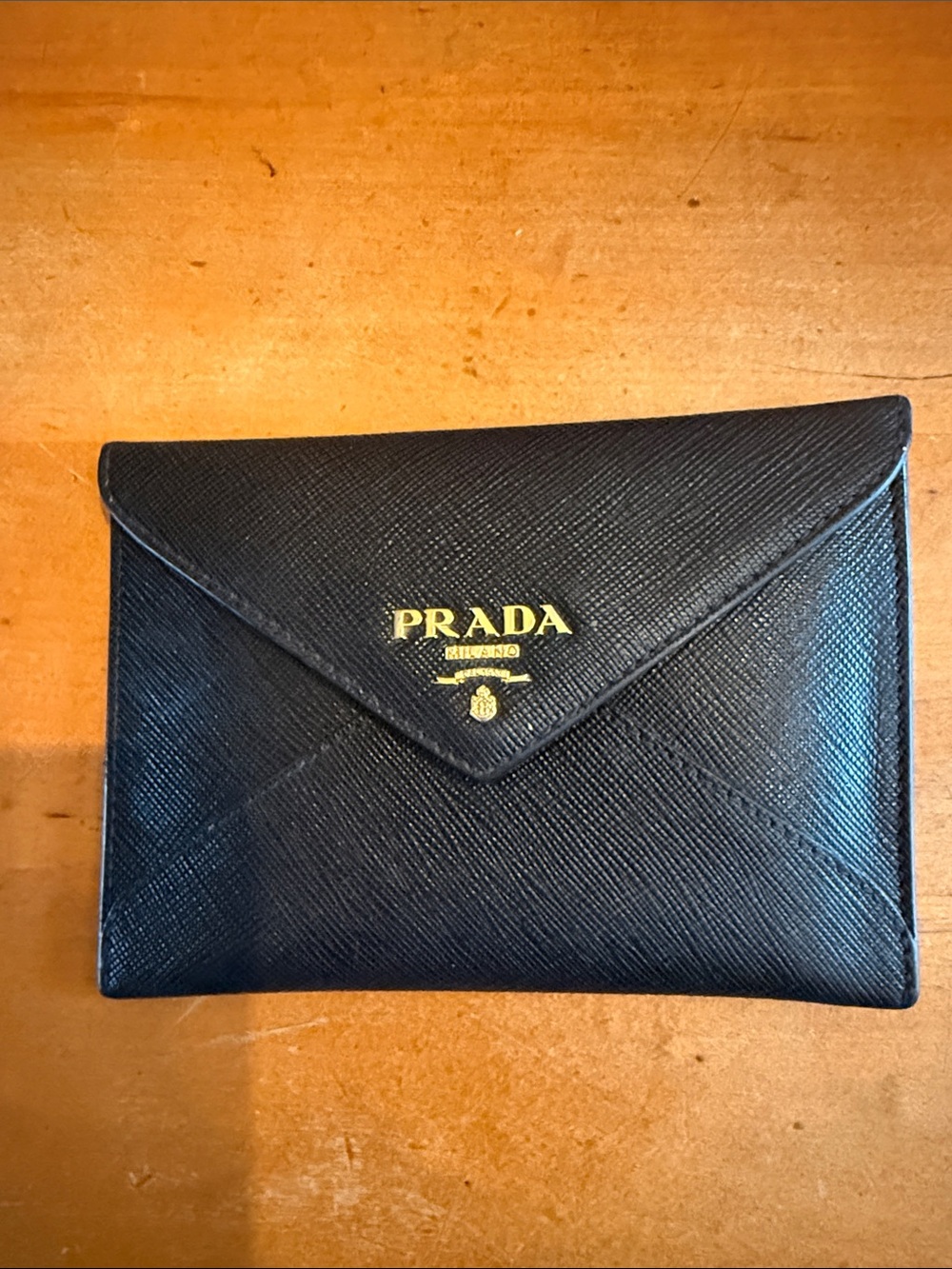 Prada Black Saffiano Envelope Card Case with Gold Logo